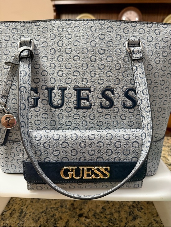 Guess Handbags - GUESS Light Gray Tote with Black Logo and Gold Hardware @ Wallet